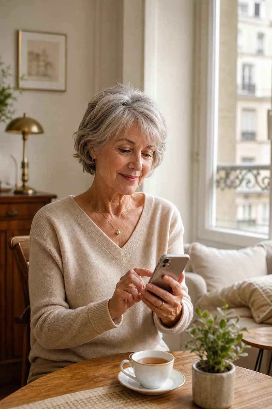 Une personne senior consulte son téléphone dans une ambiance chaleureuse